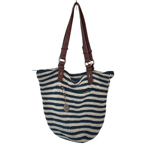 The Sak Woven Tote Bag, Stripped Navy Blue and Cream Hobo and Beach Bag - Picture 1 of 10